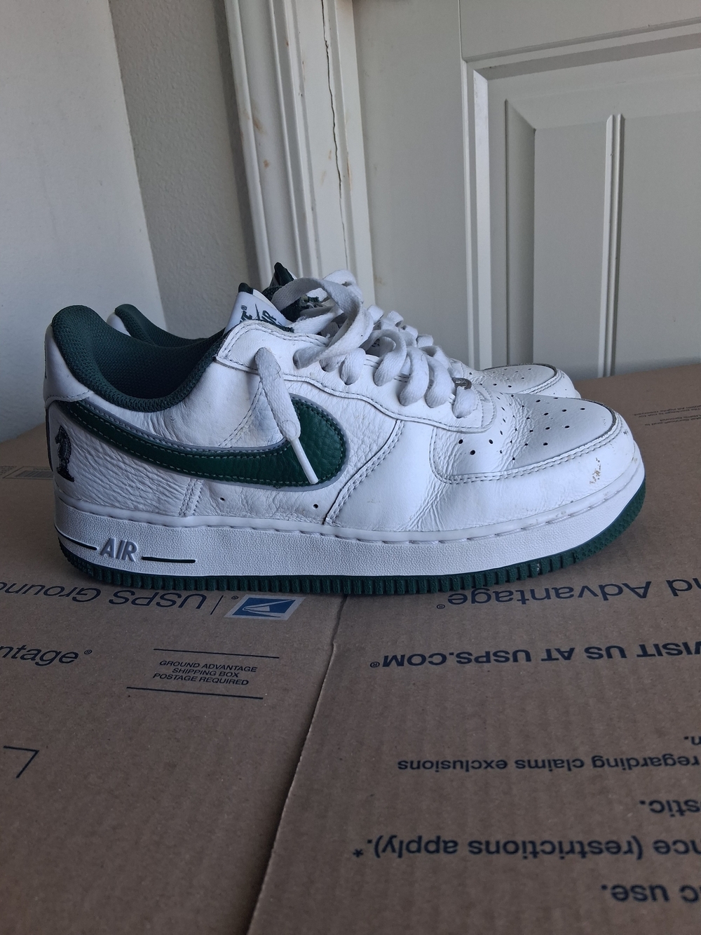 Nike White and Dark Green Low-Top Air Force Ones